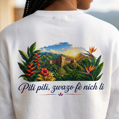 Haiti Heritage Crewneck — "Piti Piti Zwazo Fè Nich Li" Citadel Edition